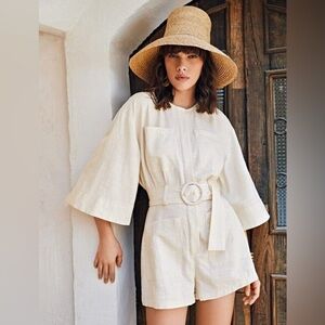 (XS) SHEIN Bell Sleeve Buckle Belted Beige Romper w/ Patch Pocket | XS | NWT